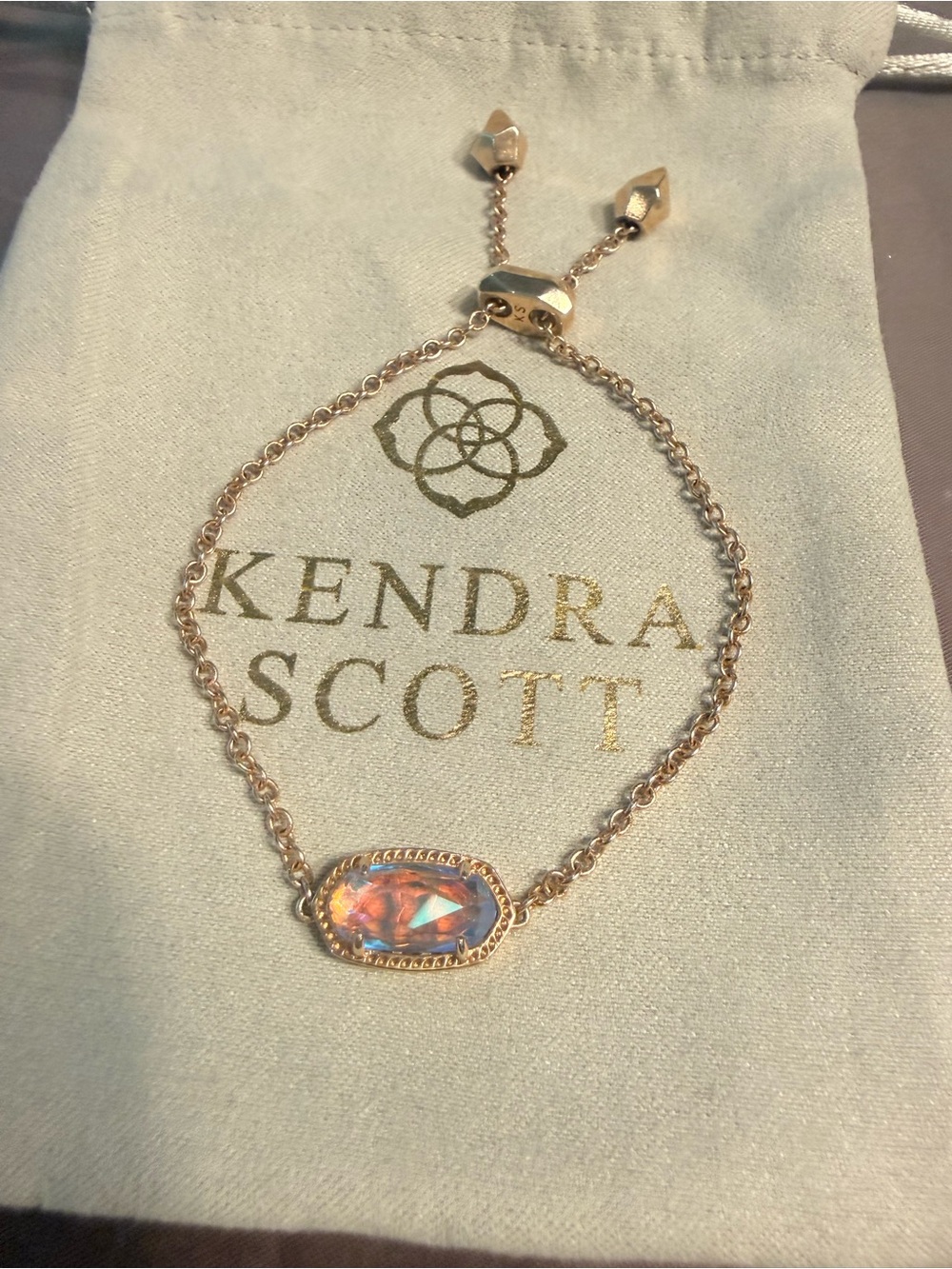 Kendra Scott Elaina Rose Gold Dichroic Glass Adjustable Chain Bracelet Dustbag - Picture 2 of 8